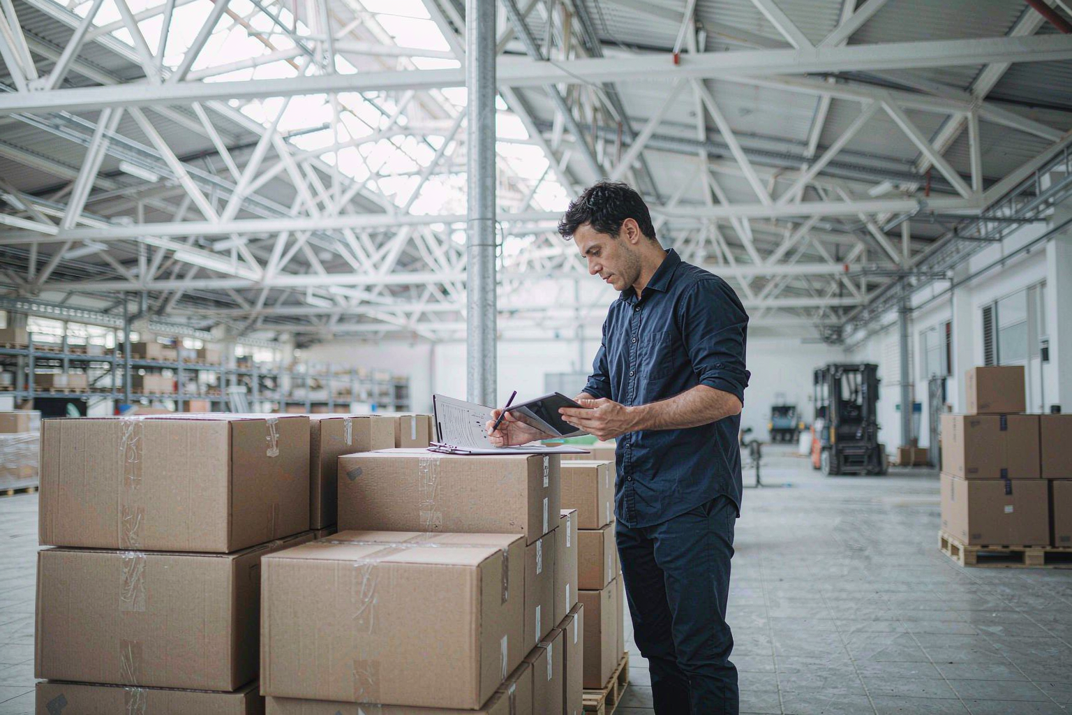 Warehouse manager checking stock and compliance documents for an EU vape wholesale supplier