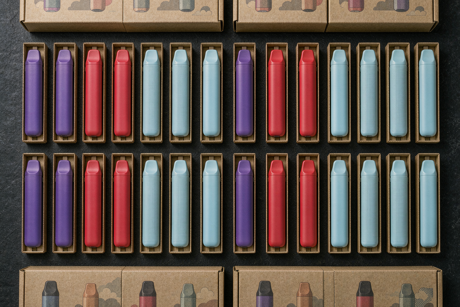 Mixed flavour bulk order of disposable vape devices packed in inner cartons for wholesale MOQ