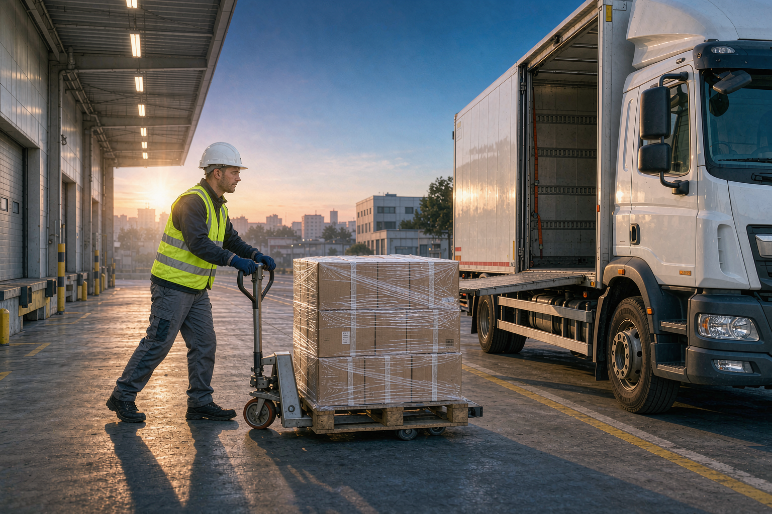 Pallet of vape stock being loaded into a freight truck at an EU warehouse loading dock