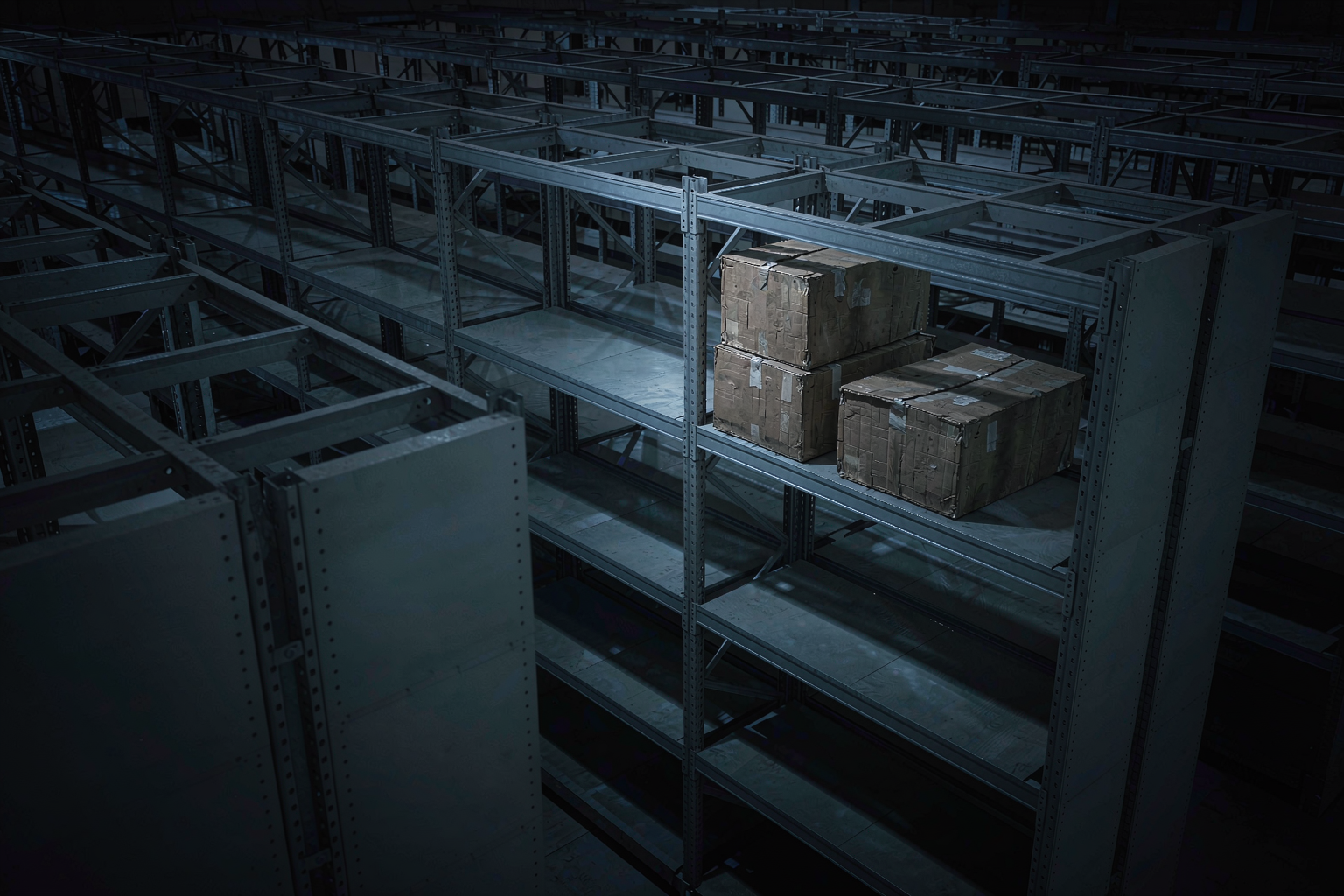 Nearly empty warehouse shelves illustrating a stock shortage of popular vape brands in the EU