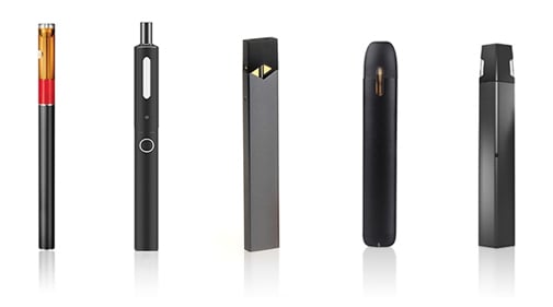 Real photo of refillable and prefilled vape devices on a white background