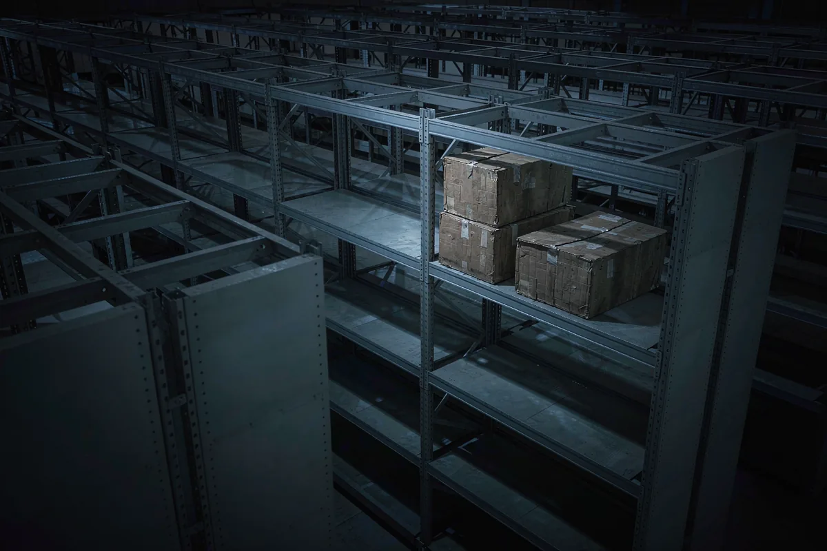 Nearly empty warehouse shelves illustrating a stock shortage of popular vape brands in the EU