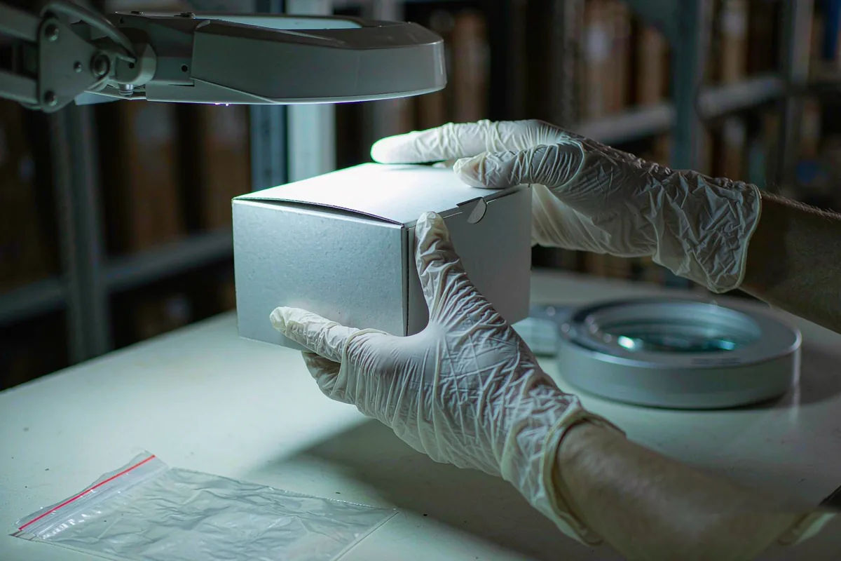 Gloved hands inspecting a vape shipping carton under a lamp during supplier vetting and incoming quality checks